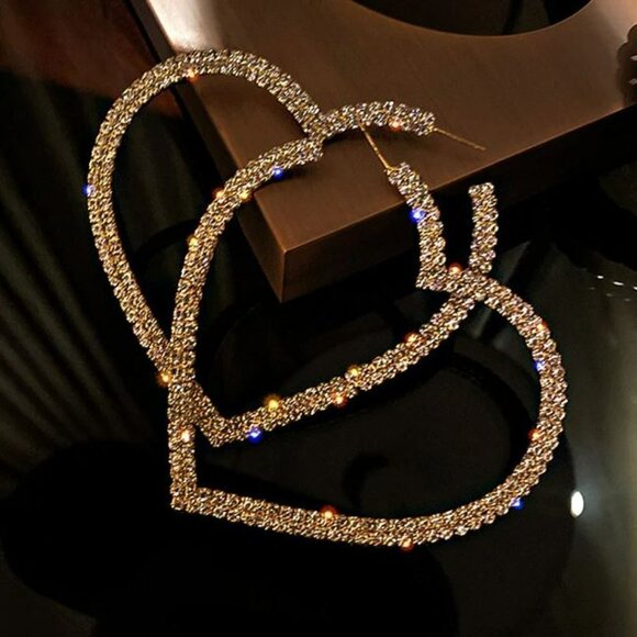 Silver Crystal Rhinestone Big Heart Fashion Statement Hoop Earrings - Picture 8 of 9